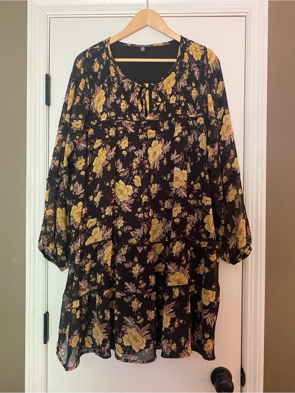 Laurel Grey - Black Floral Peasant Dress with Yellow Roses - Women’s size XXL